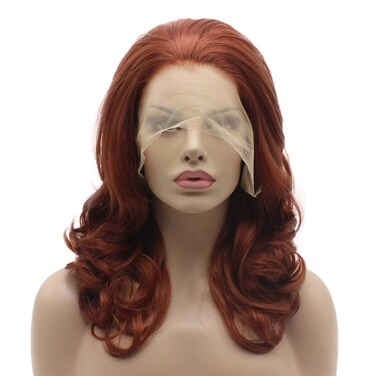 Lushy Synthetic Wavy Burgundy 16inch Medium Length Heat Resistant Heavy Density Realistic Lace Front Wig