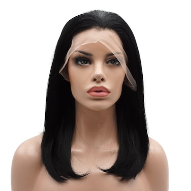 Lushy Hair Synthetic Lace Front Wig Straight Medium Length 14inch Black Wig Heavy Density Heat Resistant Realistic Wig