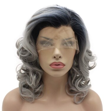 Lace Front Synthetic Wig Wavy Medium Length 16inch Dark Root Gray Ombre Wig Heavy Density Heat Resistant Realistic Wigs
