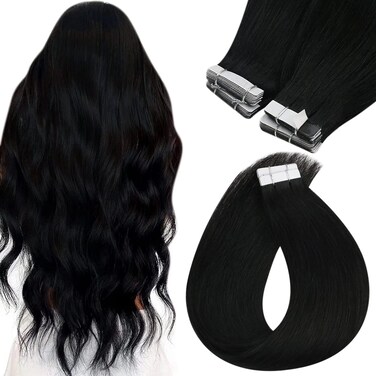 Sunny Hair Black Hair Extensions 24 Inch Tape in Hair Extensions Invisible Tape in Hair Extensions Human Hair Jet Black Invisible Tape ins Human Hair Black Tape in Extensions for Women 50g 20pcs