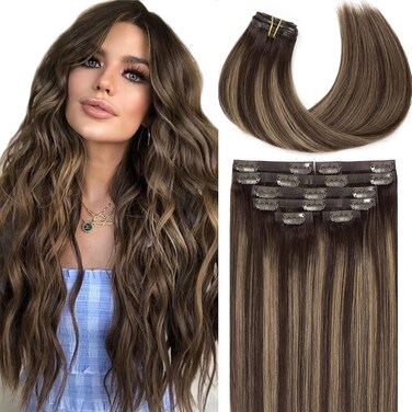 Loxxy 20Inch Seamless Clip in Hair Extensions Remy Human Hair Chestnut Brown to Highlight Dark Brown With Dark Brown Roots Natural Seamless Hair Extensions Clip in With PU Weft 110Gram #R2-2/6