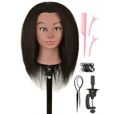 100% Real Human Hair Mannequin Head Manikin Manican Training Doll Head with Stand for Hairdresser Practice Braiding Styling Bleaching Dyeing Curling Cutting Natural Black