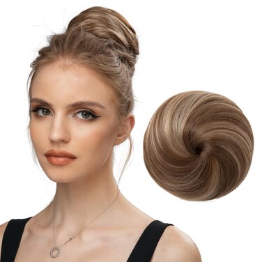 SARLA Fake Hair Buns Extensions Drawstring Ballet Bun Synthetic Donut Chignon Updo Hairpieces for Women Girls Lady Medium Brown/Ash Blonde 1 Piece
