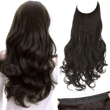 SARLA Invisible Wire Hair Extensions with 3 Clips Long Synthetic Wavy Curly Hairpiece Adjustable Transparent Headband for Women 18 Inch Black Brown