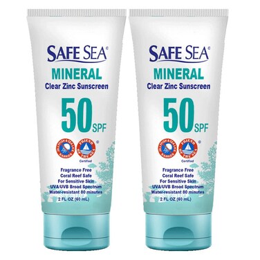 Safe Sea Zinc Oxide Sunscreen SPF50   Clear Mineral Face Sunscreen Without White Cast   Anti-Jellyfish Sting Protective Lotion   Coral Reef Safe   Travel Size - 2Oz (60ml), Pack of 2