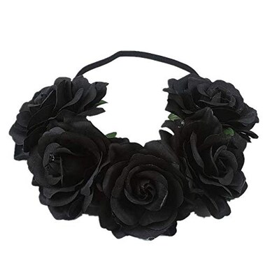 Rose Floral Crown Headpiece for Women and Girls - Fake Flower Hair Wreath with Headband (Black)