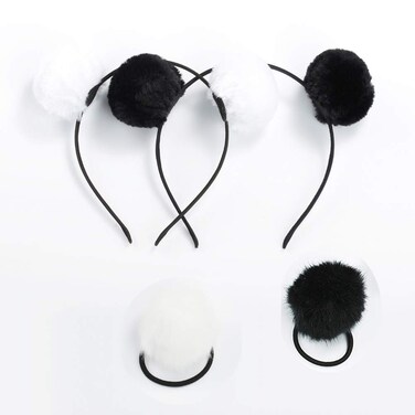 lasenersm 4 Pieces (2 Pairs) Fluffy Furry Pom-Ball Headband and Elastic Hair Ties Fuzzy Faux Fur Animal Ears Double Pom-Headband Pom-Ball Hair Band for Girls and Women