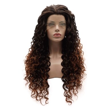 Lushy Kinky Curly Long 26inch Dark Root Auburn Ombre Wig Heavy Density Realistic Synthetic Lace Front Wig