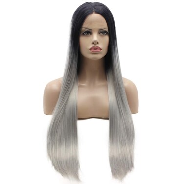 Lushy Hair Synthetic Lace Front Wig Extra Long 28inch Straight Black Root Gray Ombre Wig Heat Friendly Full Density Realistic Wig