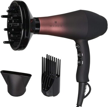 Wazor Professional Ionic Hair Dryer with Diffuser, Infrared Salon Grade Blow Dryer with Comb Attachment, 1875W Powerful Quiet Hair Blow Dryer, Tourmaline Ceramic Hairdryer with Nozzle, Black