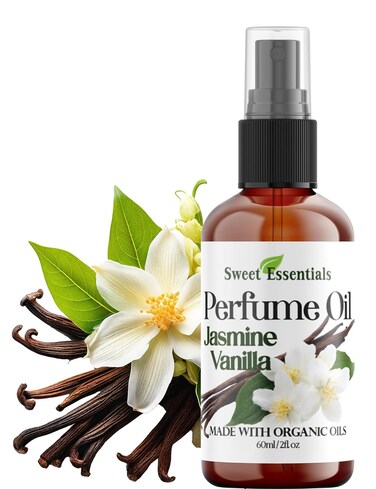 Sweet Essentials JASMINE VANILLA, Fragrance/Perfume Oil, Made with Organic Oils, 2oz, Spray on Perfume Hair &amp; Body Oil - Alcohol, Silicone &amp; Preservative Free