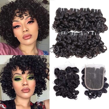 Peruvian Curly Hair Bundles Short Bob Curly Human Hair Bundles with Closure 10A Ocean Weave 8 Bundles with 4x4 Closure(8" 8" 8" 8" 8" 8" 8" 8"+8)25g/Bundle Peruvian Virgin Human Hair Bundles