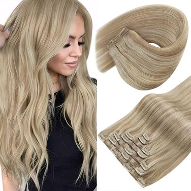 Sunny Hair Clip in Hair Extensions Straight Human Hair Clip in Extensions Remy Clip in Hair Extensions Real Human Hair Extensions Clip ins Golden Blonde Highlights Light Blonde 16inch