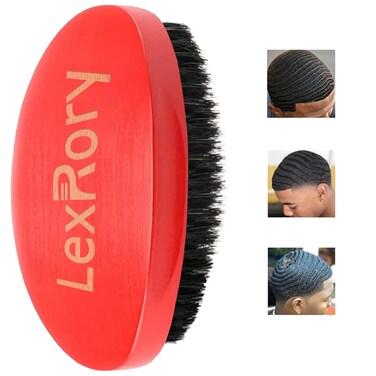 360 Curved Wave Brush - Medium Hard Palm Brush with Beech Wood and Boar Bristles for Men's Hair Styling and Beard Grooming (Red)