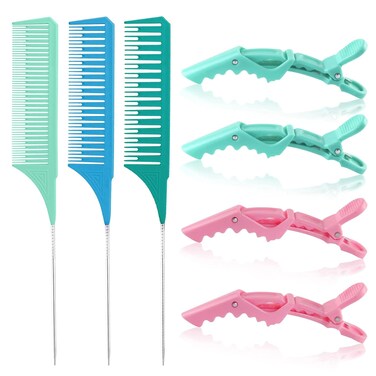 3 Sizes Highlighting Comb Set With Pastel Alligator Clips, Weaving Styling With Rat Tail Comb Teasing Foiling Combs Heat Resistant For Hair Salon Barber Home(Pastel Blue)