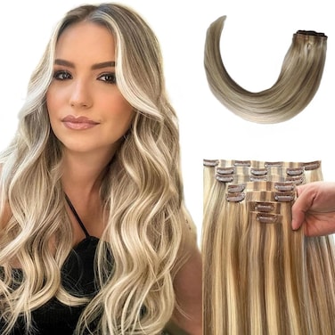 Clip in Hair Extensions Real Human Hair,Remy Hair Extensions Clip ins for Women, Seamless Clip ins 18Inch 100g 7PCS Dark Blonde and Platinum Blonde Highlighted Straight for Women