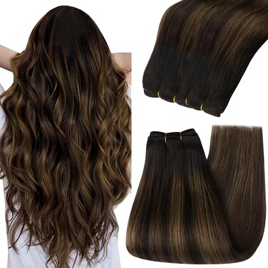 YoungSee 18 Inch Weft Hair Extensions Balayage Human Hair Weft Extensions Dark Brown Mix Medium Brown Highlights Brown Balayage Sew in Hair Extensions Real Human Hair Natural Luster Texture 100G