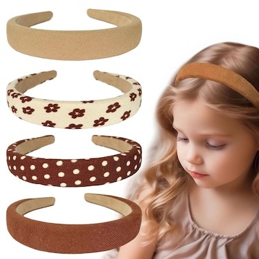 4PCS Solid Simple Headbands for Little Girl, 0.8 Inch Wide Brown Headband Padded Head Band Hair Hoops for Toddler Kids