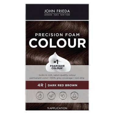 John Frieda Precision Foam Colour, Dark Red Brown 4R, Full-Coverage Hair Color Kit, Anti-Fade Gray Coverage, Deep Color Saturation Hair Dye, 1 Application