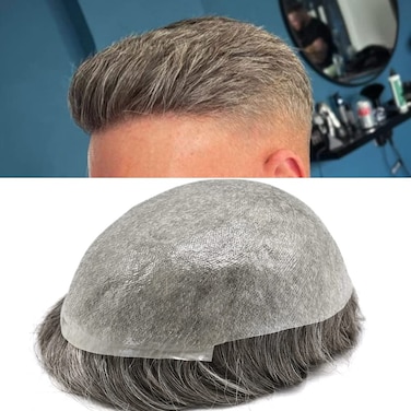 Toupee For Men Ultra Thin Skin Mens Hair Piece System Human Hair V-loop Hairpiece For Men 8X10 90% Density #360#3 Dark Brown+60% Grey