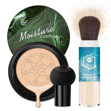 Mushroom Head Air Cushion CC Cream Foundation Face Makeup Set with Lightweight Non-greasy Loose Setting Powder, Full Coverage Liquid Foundation Lasting Moisturizing BB Cream for All Skin Types（2PCS）
