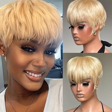 Human Hair Short Straight Human Hair Wigs With Bangs Wear And Go Blonde Color Pixie Cut Wigs For Black Women 150% Density Glueless Short Wigs Human Hair Full Machine Made Wigs (Blonde)