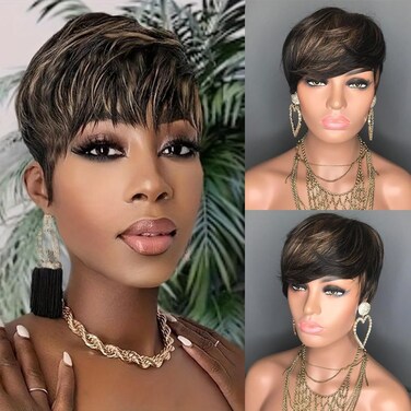 Higlight Blonde Color Pixie Cut Straight Wig Human Hair 150% Density Glueless Wigs Short Hair 1b/27 Color Short Layered Pixie Human Hair Straight Wigs Wear And Go Full Machine Made(Higlight Blonde)