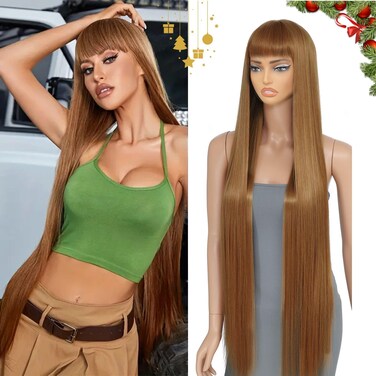 40" Brown Synthetic Wig with Bangs Super Long Brown Straight Hair Wig Straight Hair Wig for Cosplay Daily Wear(Brown)