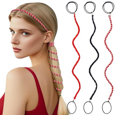 3 Packs Ponytail Holders Hair Ties for Women, Spiral Pony Tails Elastic Braided Hair Holders for Gym Swimming Sports (black+red+red&amp;grey, 16")