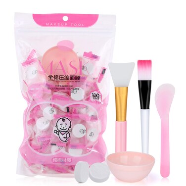 100Pcs DIY Compressed Cotton Face Mask Sheet Grain, Dry Mask Paper Face Cotton Mask Sheet with Free of Mask Bowl, Mask Stick, Silicone Brush, Soft Bristle Brush