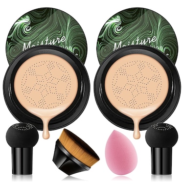 2PCS Mushroom Head Air Cushion CC Cream, Moisturizing Lasting Oil Control BB Cream for All Skin Types, Full Coverage Concealer Liquid Foundation Face Makeup Set with Foundation Brush &amp; Makeup Sponge A