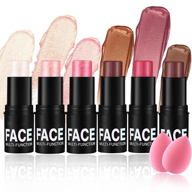 6PCS Cream Blush Sticks,Multi-Use Contour Sticks for Blush,Highlighter &amp; Bronzer Contour,Natural Matte &amp; Glitter Finishing Contour Stick,Waterproofing Face Makeup Stick Set with Makeup Sponge