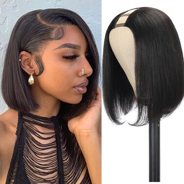 Mylene U Part Bob Wigs Human Hair For Black Women 8 inch Short Bob Straight Wig Brazilian 150% Density Clip in Half Wig Natural Color (8Inch, U-Part Bob)