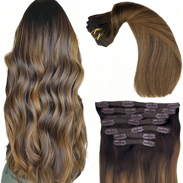 Real Human Hair Lace Clip In Hair Extensions Thick ends 20inch 120g Ombre Piano Color Dark Brown Roots/Chestnut Blonde Highlights Balayage Double Wefted Silky Soft Human Hair Extensions