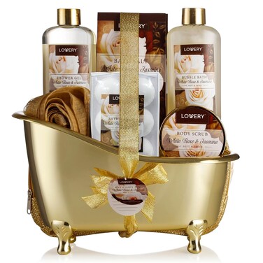 Gifts for Women Home Spa Gift Basket, Luxury 13pc Bath &amp; Body Set Men &amp; Women, White Rose &amp; Jasmine Scent - Shower Gel, Bubble Bath, Body Scrub, Salts, 6 Bath Bombs, Pouf, Cosmetic Bag &amp; Gold Tub
