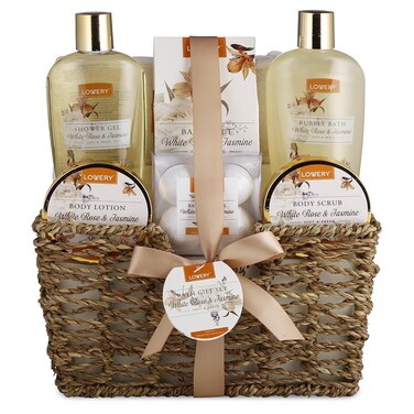 Home Spa Gift Basket - White Rose &amp; Jasmine - Luxurious 11pc Bath &amp; Body Set For Men &amp; Women, Contains Shower Gel, Bubble Bath, Body Lotion, Scrub, Bath Salt, 4 Bath Bombs, Loofah &amp; Basket