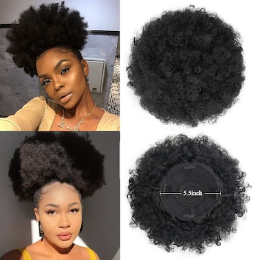 Yinmei Baibian Large Afro Puff Drawstring Ponytail Kinky Curly High Puffs Pony Tail Bun Hair Piece African American Clip in on Updo Hair Extensions for Black Women(1B#)