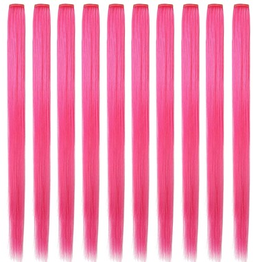 10PCS Pink 20 inch Colorful Party Highlights Hair Extensions Clip in Pink Hair Extensions Pink Straight Synthetic Hairpieces for Women Kids Girls Hair Accessories (Pink)