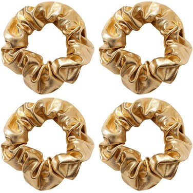 4 Pack Gold or Silver Metallic Leather Hair Scrunchies Hair Ties Hair Eleastic Bands Scrunchy Hair Ties Ropes Ponytail Holders Wrist Bands for Girls School,Dance,Stage (Gold)