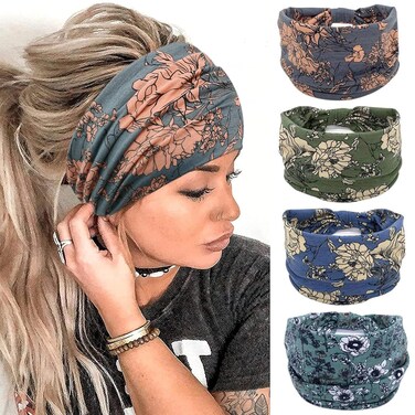 Wide Boho Headbands for Women Fashion Knotted Headband Yoga Workout African Head Wrap 4 Pack
