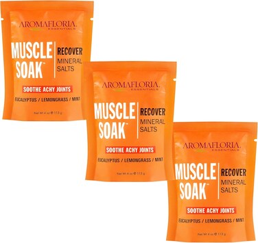 Aromafloria Muscle Soak Recover Mineral Bath Salts with Eucalyptus, Lemongrass, Mint - 4 oz Travel Size - 3 Pack
