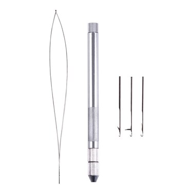 Hair Extension Tools 3 Different Size Knitting Hook Needles+ 1 Holder +1 Pulling Needle Loop Threader Aluminum Ventilating Holder and Needles Kit (Silver)
