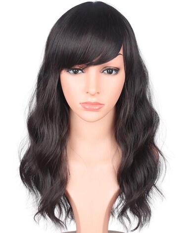 16 Inches Black Mix Brown Fashion Wavy Synthetic Hair Wigs For Black Women With Side Bangs Free Wig Cap (BLACK MIX BROWN(1B/33#))