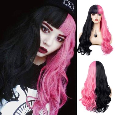 Half Pink Half Black Wavy Wigs Long Curly Wavy Split Synthetic Wig with Bangs Halloween Cosplay Wigs for Women