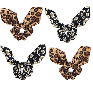 4 Pack Leopard Print Bunny Ears Hair Scarf Bow Ponytail Holder Hair Scrunchies Animal Print Scrunchies Elastic Hair Ties Hair Bands Hair Accessories Girls for Dance,Long Blonde Hair