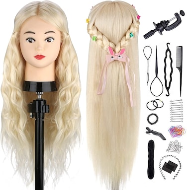 Mannequin Head with 80% Real Hair, TopDirect 24" Blonde Hair Styling Hairdressing Cosmetology Mannequin Manikin Training Practice Head with Clamp and Tools