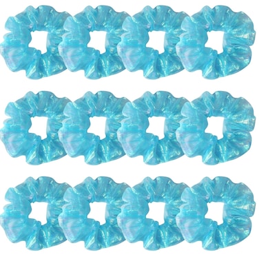 12 Pcs Shiny Mermaid Dance Cheer Organza Hair Scrunchies For Thick Hair School Performance/Sports/Party/Gymnastics Silky Scrunchie Ponytail Holder Wrist for Girls Cosplay Show (Blue)