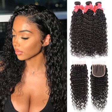 Brazilian Water Wave Bundles with Closure (12 14 16+10) 100% Unprocessed Nutural Wave 3 Bundles with Closure 4x4 Free Part Wet and Wavy Curly Wave Hair Extensions