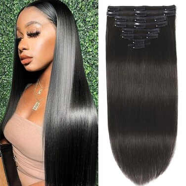 Clip in Hair Extensions Real Human Hair Clip ins Remy Human Hair Black Women Invisible Natural Straight Seamless Clip on Hair Extensions 8pcs Double Weft #1B 20 Inch 80g