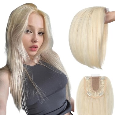 Hair Toppers No Bangs Women Topper with Front Lace 360&deg; Cover Clip-in Synthetic Hairpieces Upgrade Base 13 in Short Straight Bob Wig for Thin Hair Bleach Blonde